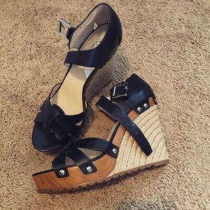 MICHAEL KORS black leather wedge espadrille